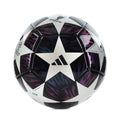 Soccer ball in black, white, and purple with central star and geometric panels