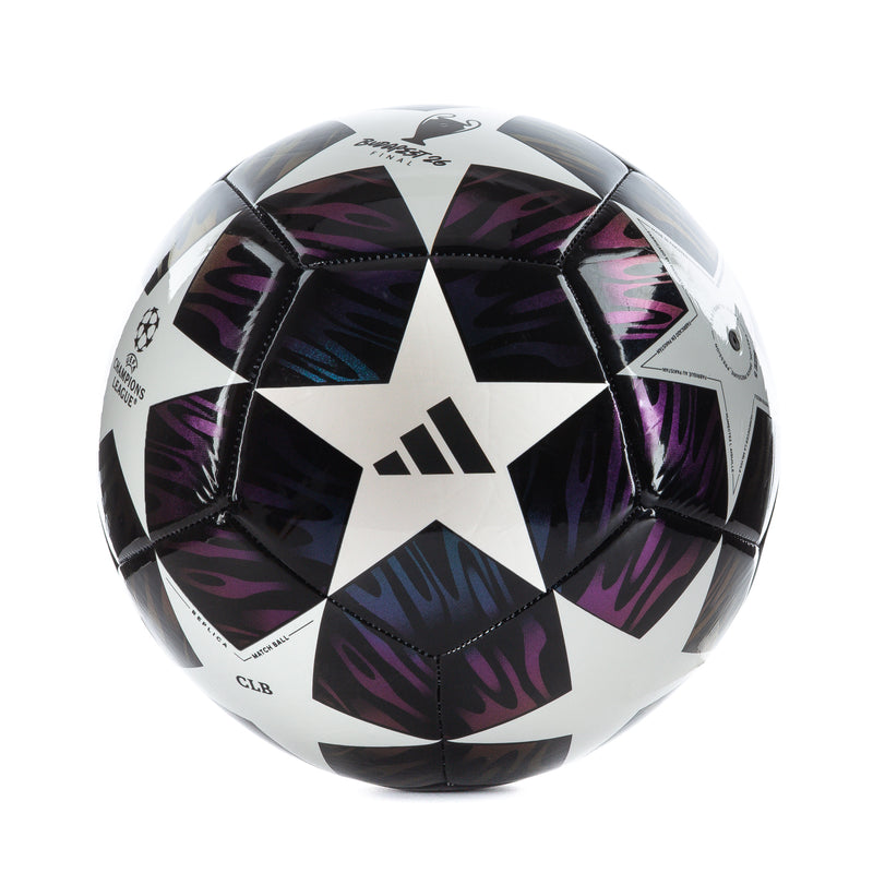 Soccer ball in black, white, and purple with central star and geometric panels