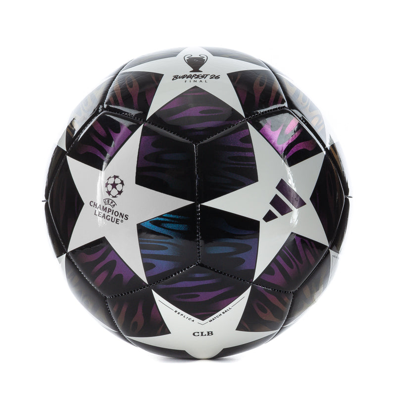 Soccer ball in black, white, and purple with Champions League and CLB logos