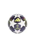 Mini soccer ball with purple and white panels, neon yellow details, Champions League emblem