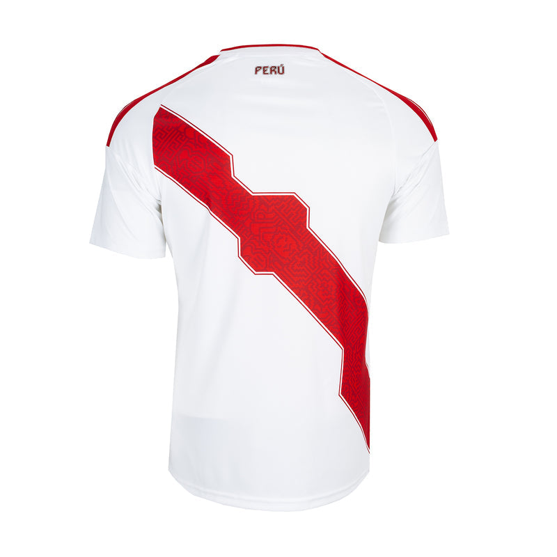 Men's white soccer jersey with red diagonal pattern and 'PERU' text on back