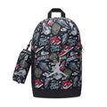Black backpack with sports-themed graphic print and matching pencil case