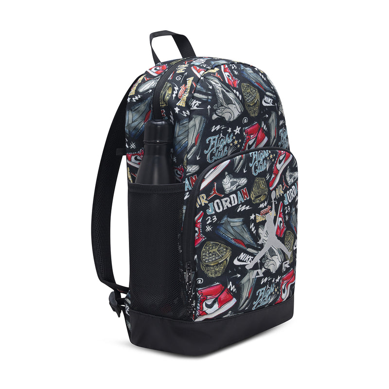 Black backpack with all-over sports-themed graphic and adjustable shoulder straps