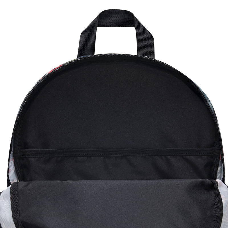 Black backpack with smooth front panel and top carry handle