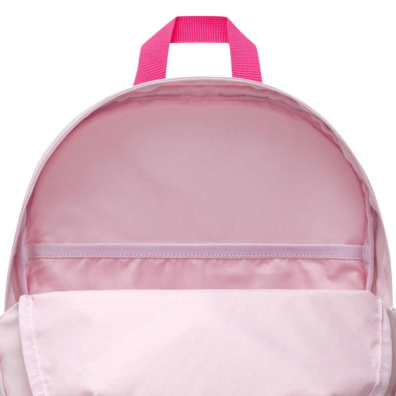 Pink backpack with wide top zipper opening and front panel seam