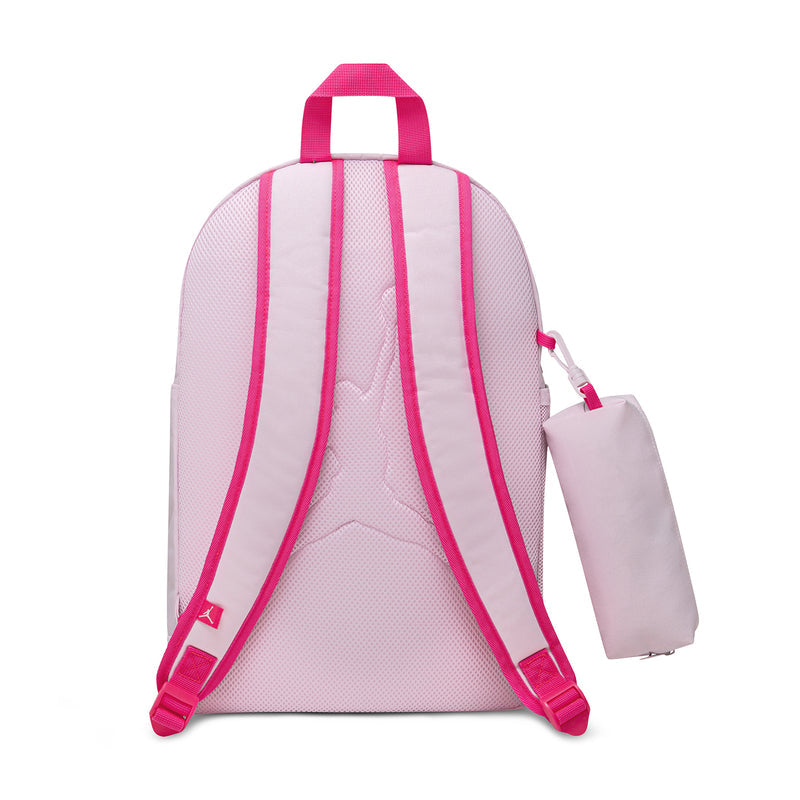 Pink backpack with padded back straps and hanging pencil pouch, mesh sides