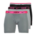 Three-pack Dri-FIT boxer briefs: grey, pink, and black with Nike logo waistbands.