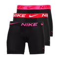Three-pack of black Nike micro boxer briefs with pink and red waistbands, Nike logos