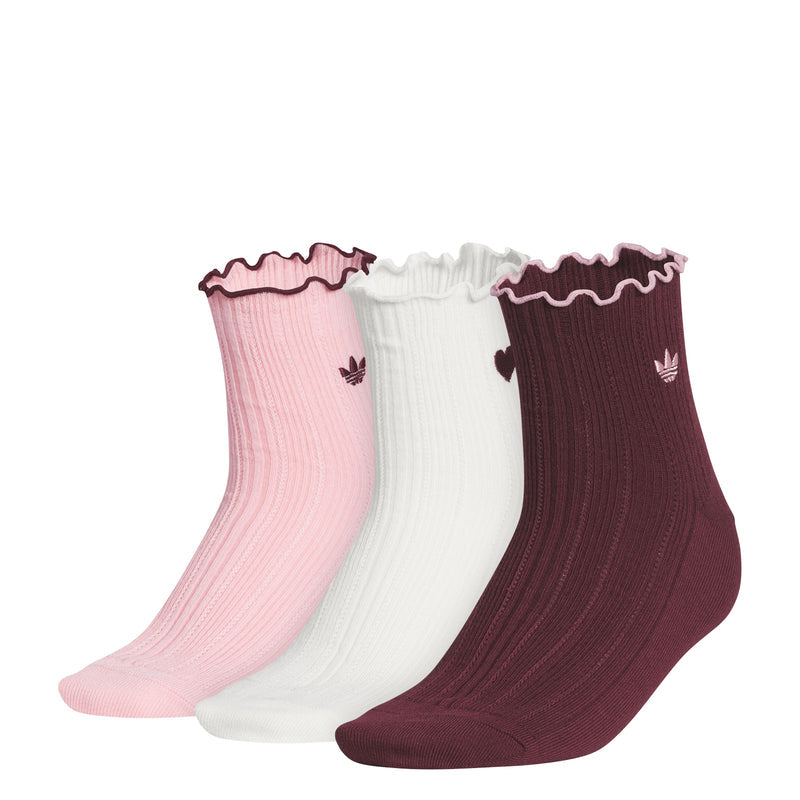 3-pack ruffle quarter socks in pink, off white, and dark plum with adidas trefoil