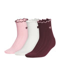 3-pack ruffle quarter socks in pink, off white, and dark plum with adidas trefoil