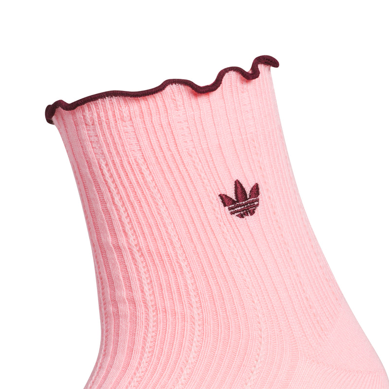 Ruffle cuff quarter sock in light pink with adidas trefoil on ankle