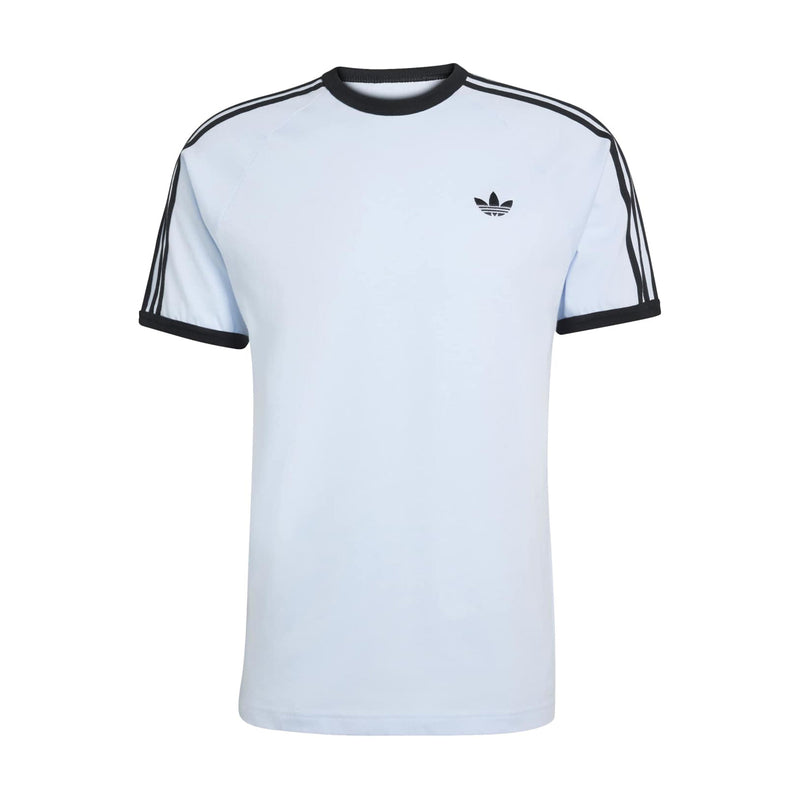 Light blue men's 3-stripe t-shirt with black ribbed collar and sleeve stripes