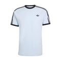 Light blue men's 3-stripe t-shirt with black ribbed collar and sleeve stripes