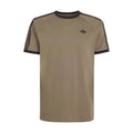 Olive-brown crew-neck T-shirt with three dark shoulder stripes and chest logo