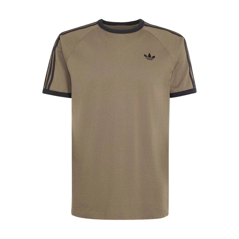 Olive-brown crew-neck T-shirt with three dark shoulder stripes and chest logo