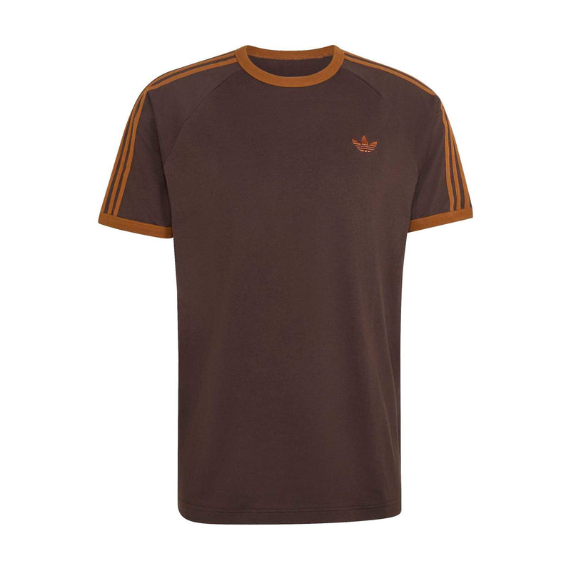 Men's brown T-shirt with orange crew neck and three stripe sleeve details