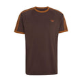 Men's brown T-shirt with orange crew neck and three stripe sleeve details