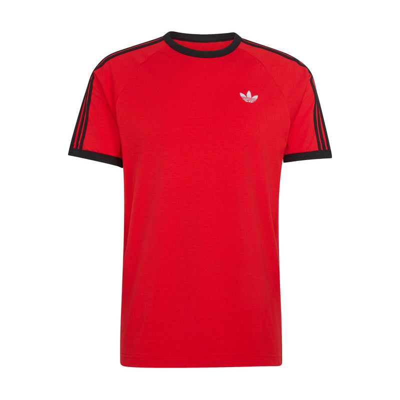 Men's red adidas 3-Stripes T-shirt, black crew neck and sleeve stripes