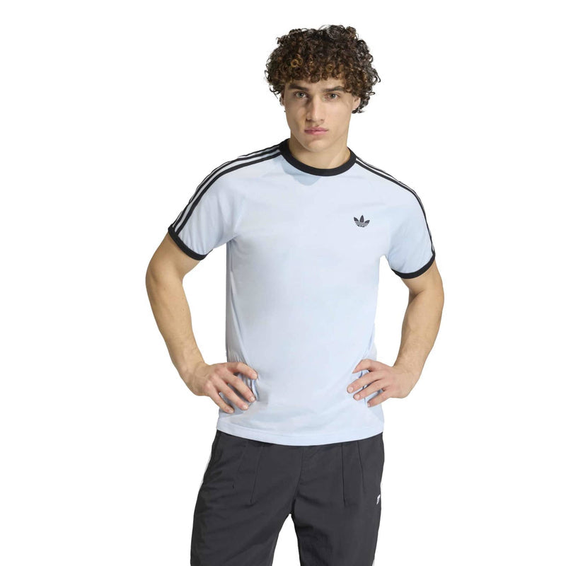 Light blue men's 3-stripe t-shirt with small chest logo and black side stripes