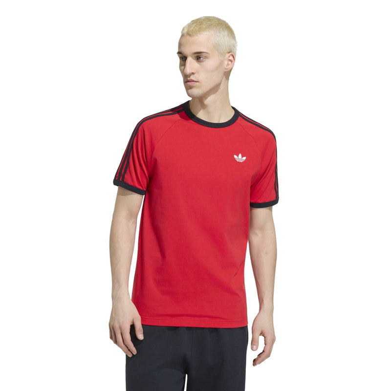 Men's red adidas T-shirt with black crew neck and side 3-stripe detail