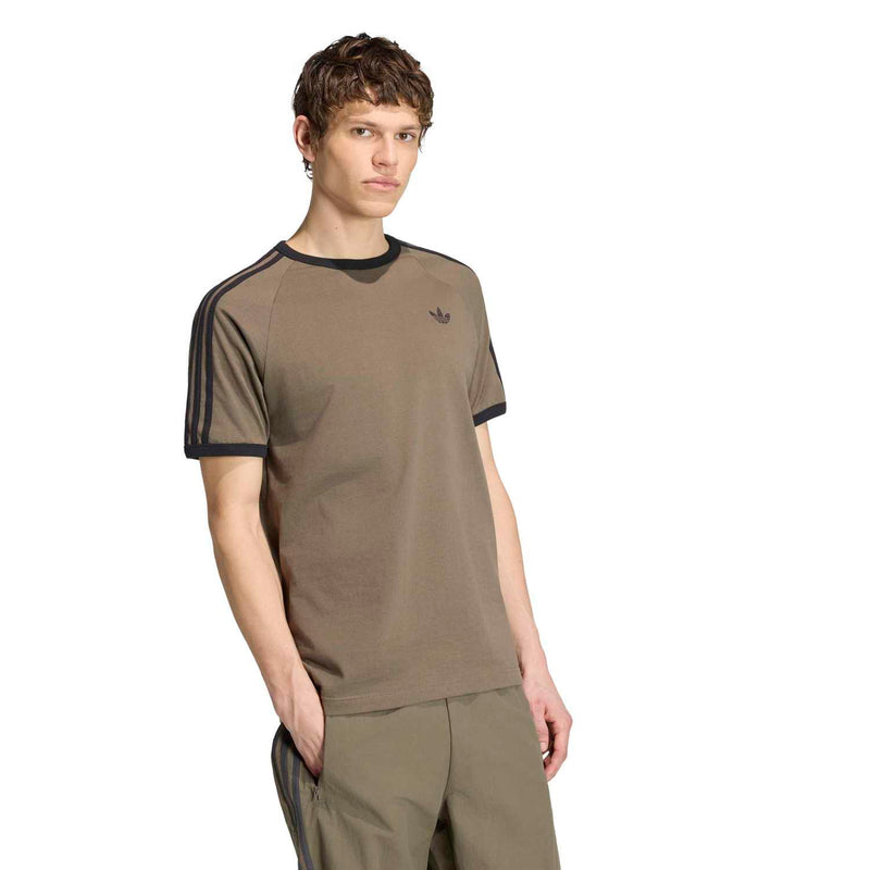 Men's olive-brown three-stripe T-shirt with dark collar trim and chest logo