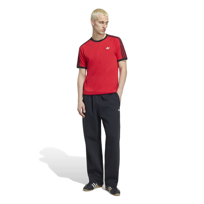 Men's red adidas T-shirt with black crew neck and three stripe sleeves