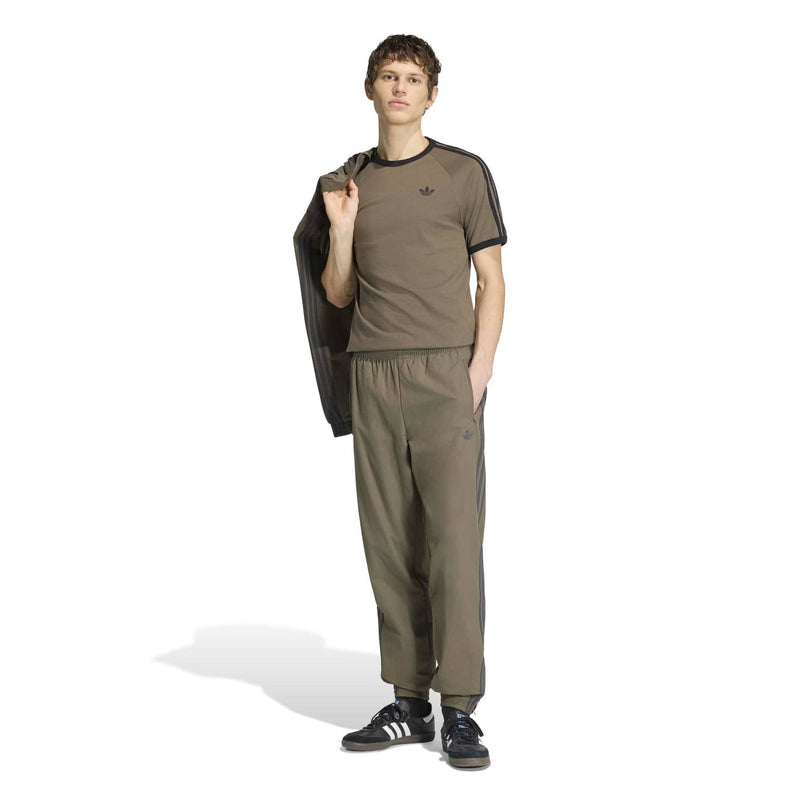 Men's olive-brown three-stripe tee with dark crew neck and raglan sleeves