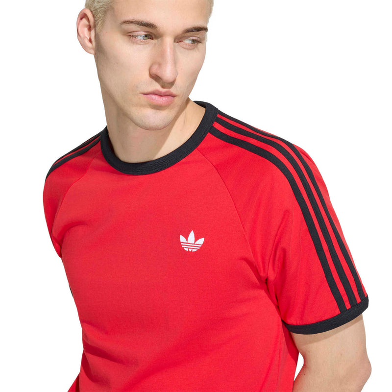 Men's red adidas T-shirt close-up: black crew neck and 3 stripe shoulders