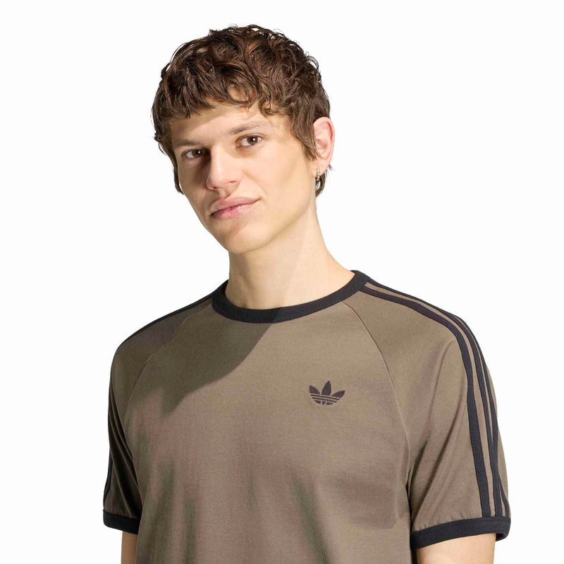 Men's olive-brown tee with three dark sleeve stripes and small chest logo