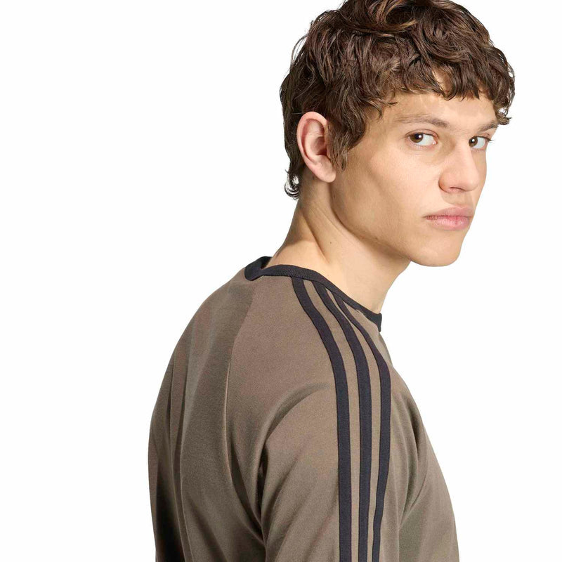 Men's olive-brown tee with three dark shoulder stripes and crew collar