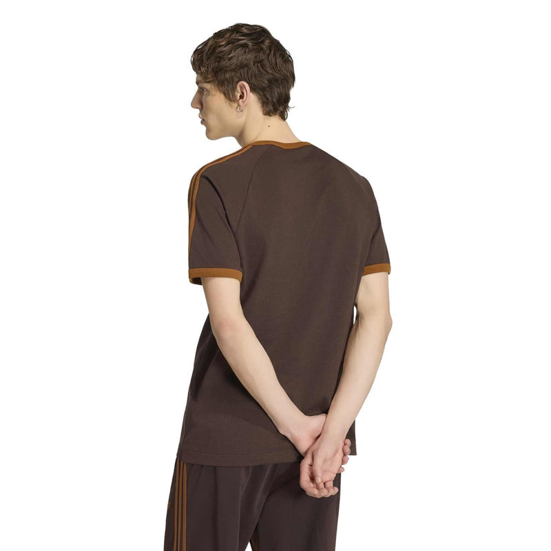 Men's brown T-shirt with orange collar trim and three stripe back shoulder accents