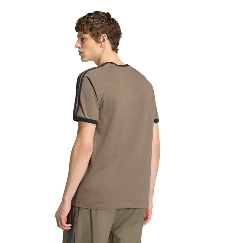 Men's olive-brown tee with dark-trim back collar and three sleeve stripes
