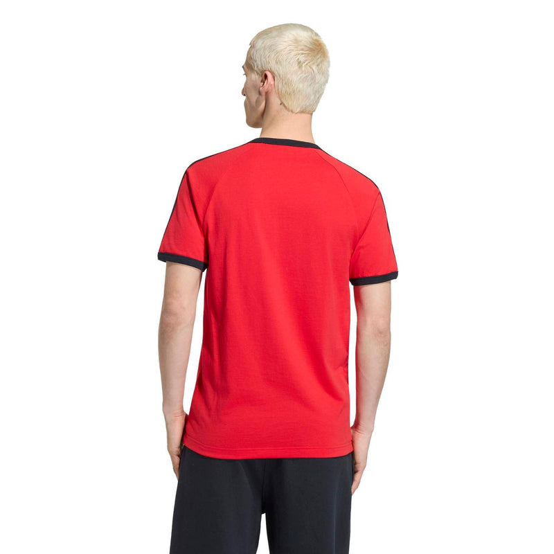 Men's red adidas T-shirt back view with black crew neck and hem trim