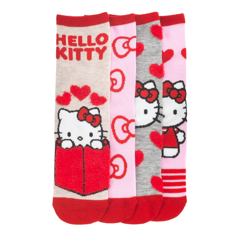 4-pack Hello Kitty mid-crew socks, pink/grey with red hearts and Hello Kitty faces