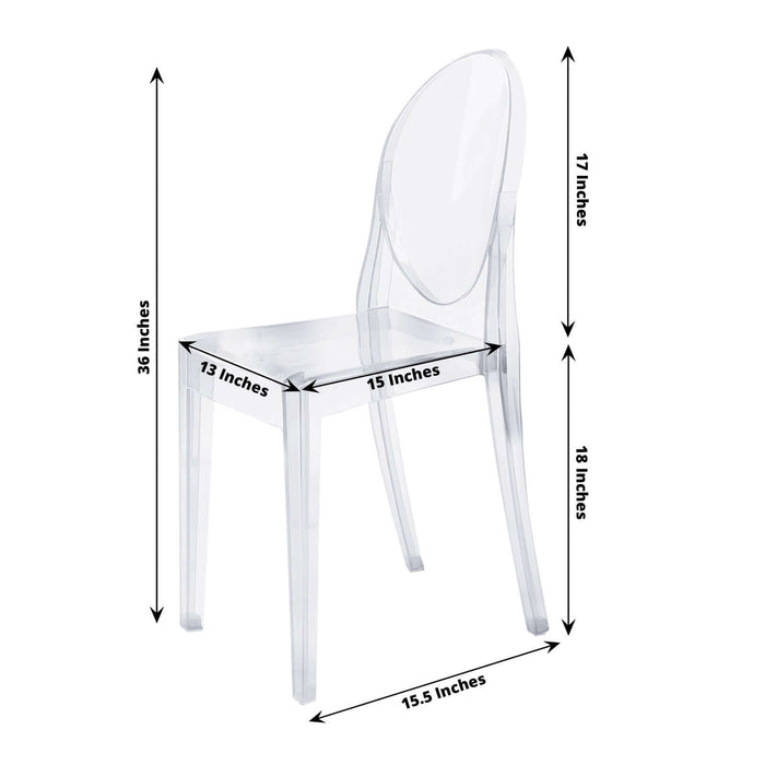 Clear acrylic chair with dimensions 38x17x15 inches.