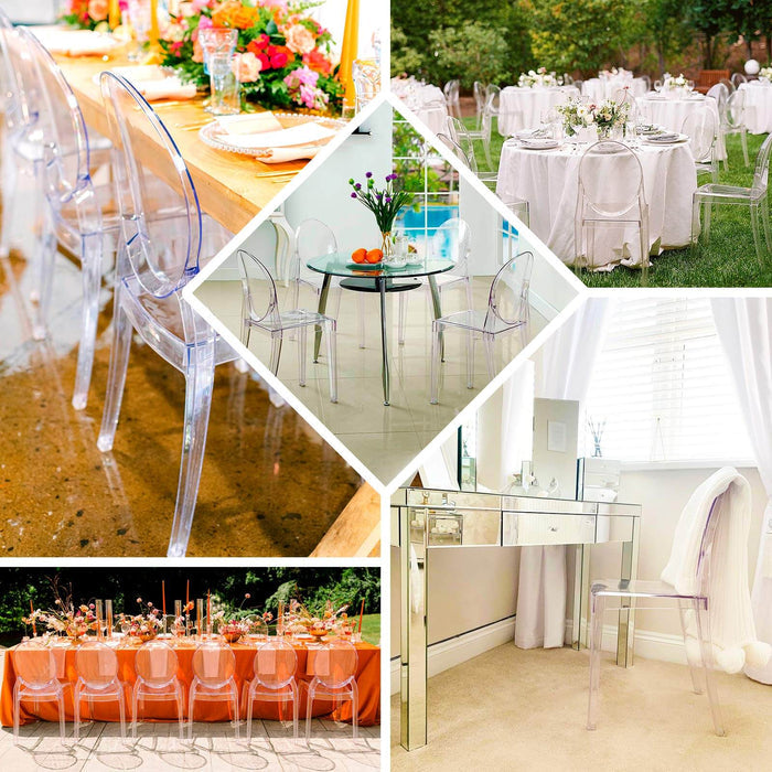Collage of elegant transparent chairs in various stylish settings and arrangements.