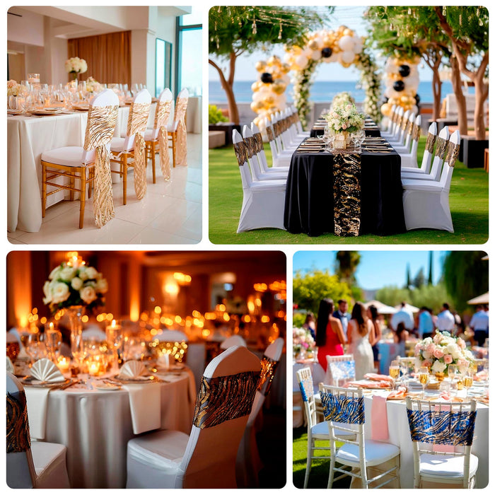 Elegant wedding reception decor featuring beautifully arranged tables and chairs.