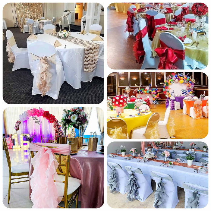Various elegantly decorated dining tables with stylish chair covers and centerpieces.