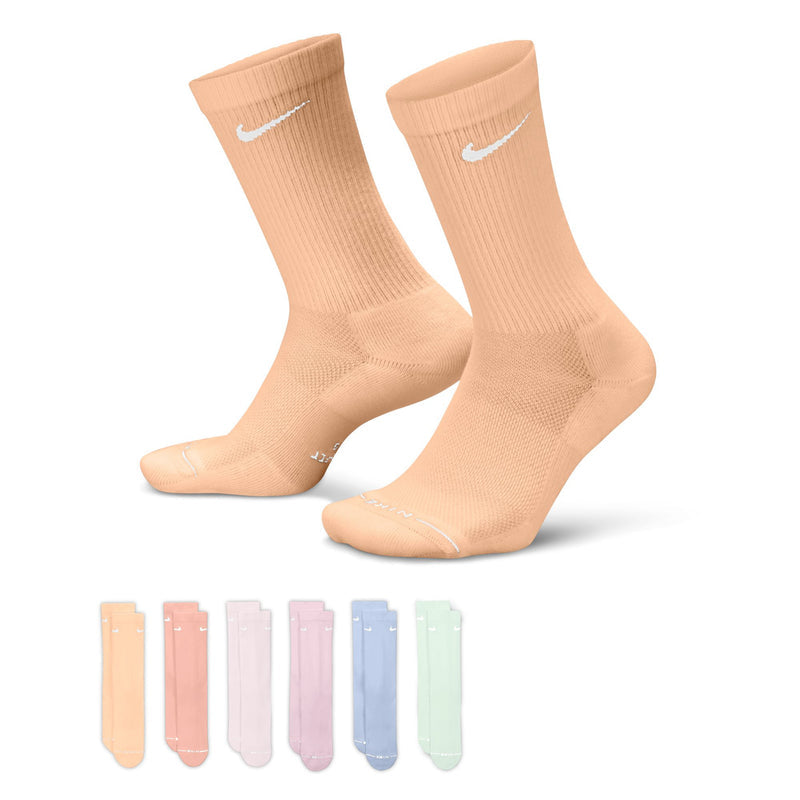 6-pack crew socks, pastel peach shades, ribbed knit with Nike Swoosh on front