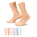 6-pack crew socks, pastel peach shades, ribbed knit with Nike Swoosh on front