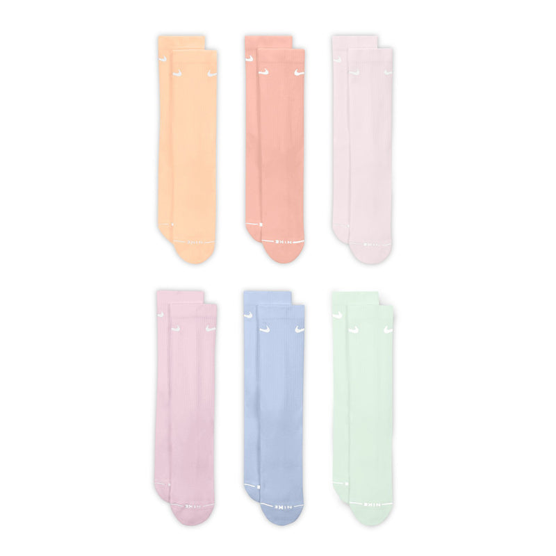 6-pack crew socks flat: pastel peach, pink, lavender, blue, mint; Nike Swoosh marks