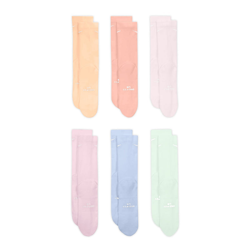 6-pack crew socks flat in soft pastels: peach, rose, light purple, pink, blue, mint; Nike Swoosh