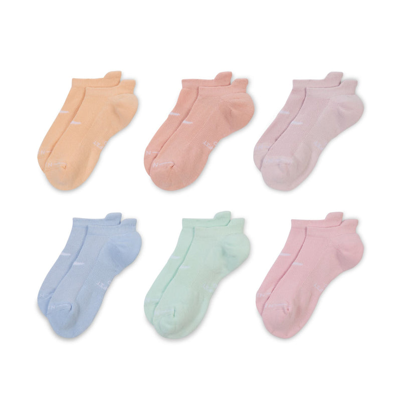 Six-pack no-show socks in pastel shades: peach, pink, lavender, blue, mint, and rose