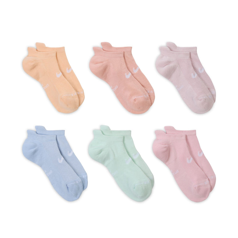 Six-pack no-show socks in pastel colors, each pair with a small white swoosh logo