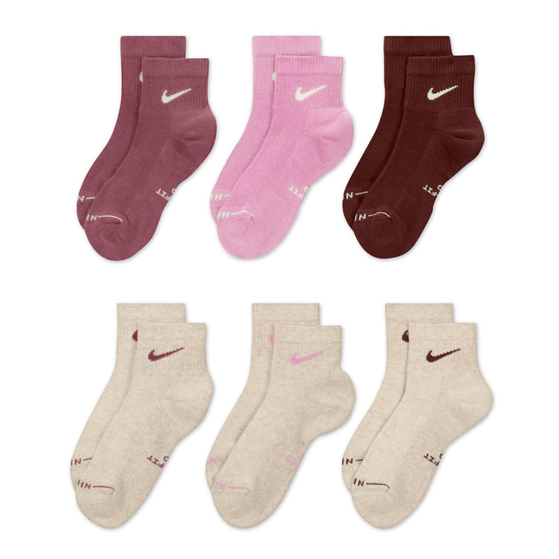 6-pack quarter socks in maroon, pink, and oatmeal tones, each with white Nike swoosh