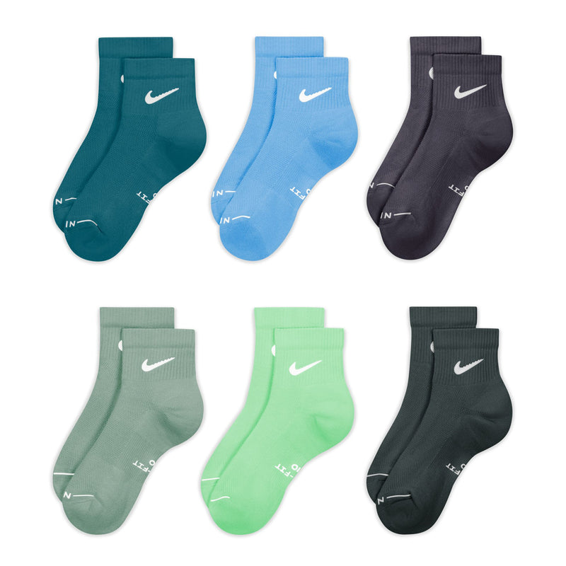 Six-pack of quarter socks in teal, light blue, dark and green tones with white Nike swooshes