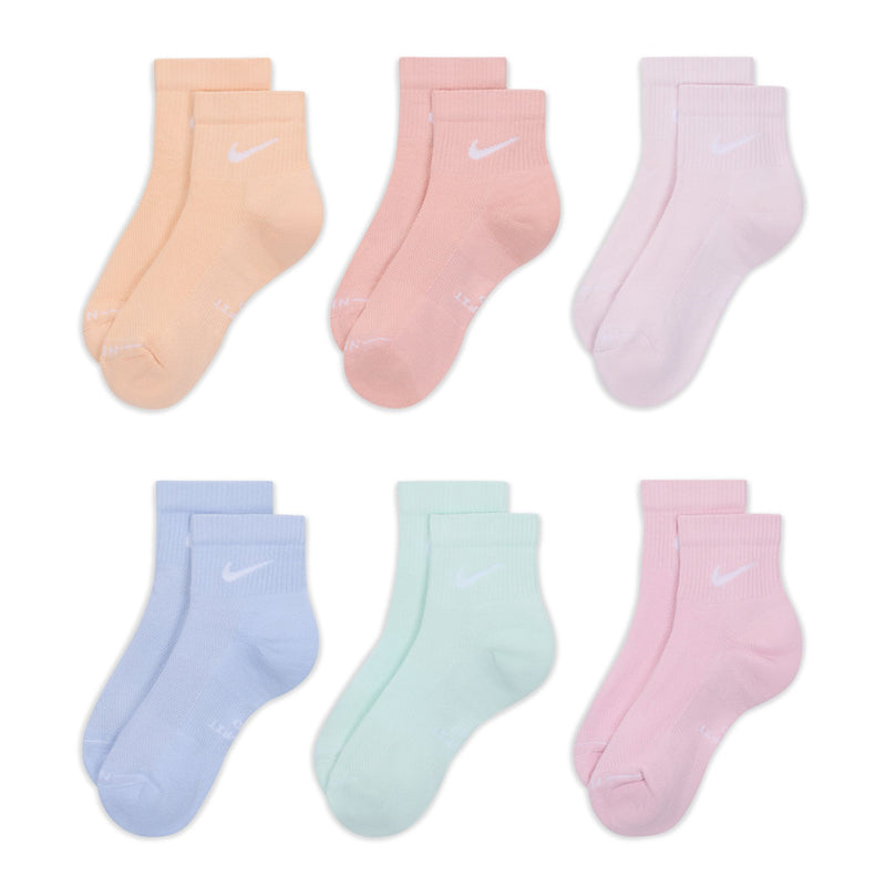 6-pack quarter socks in peach, pink, lavender, blue, mint, and pink-purple