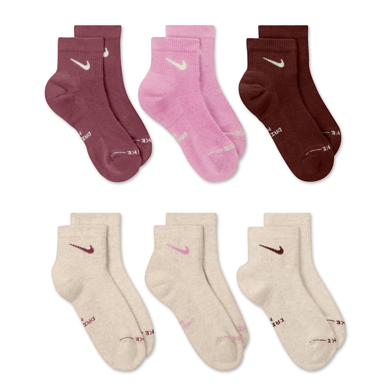 6-pack quarter socks in maroon, dusty pink, and oatmeal tones, each with white Nike swoosh