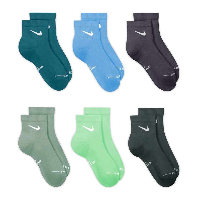 Assorted six-pack quarter socks with Nike swooshes in teal, blue, black, and green shades