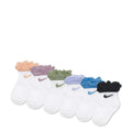 6-pack infant ruffle cuff socks: white with coral, purple, green, blue, and black Nike swooshes